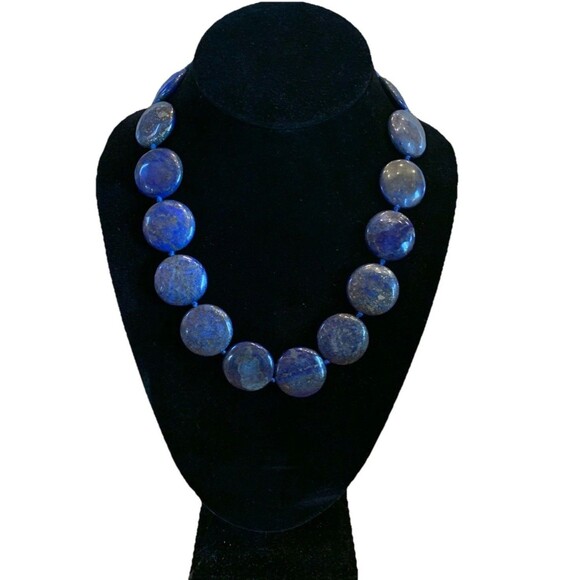 Lapis Lazuli Round Disc Necklace Natural Stone Semi Precious Blue/Gold 23 Cm - Picture 4 of 6